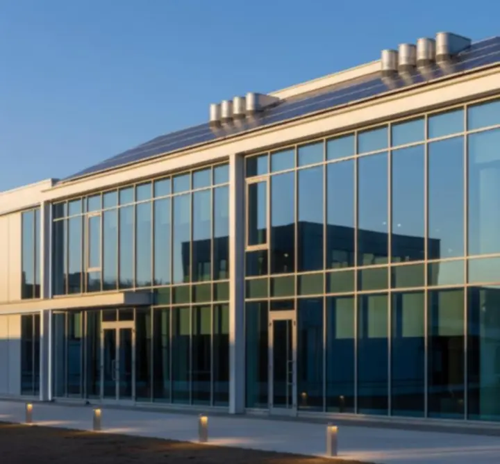 Bâtiment commercial moderne avec systèmes d'optimisation énergétique intégrés